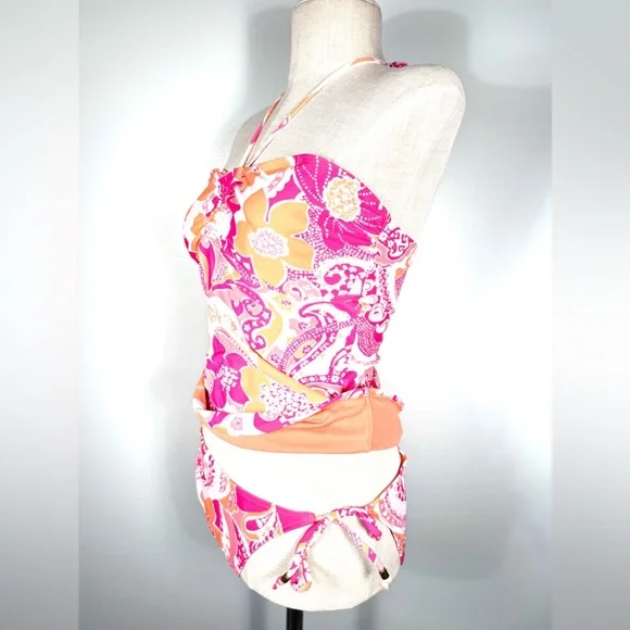 Old Navy Vintage Y2K Mod Pink and Orange Floral Halter Bandeau Tankini Set - Picture 4 of 10